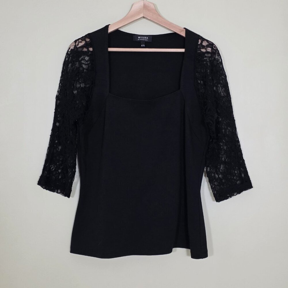 Misura Top Womens XL Black Square Neck Monochrome Lace Half Sleeves Office Siren